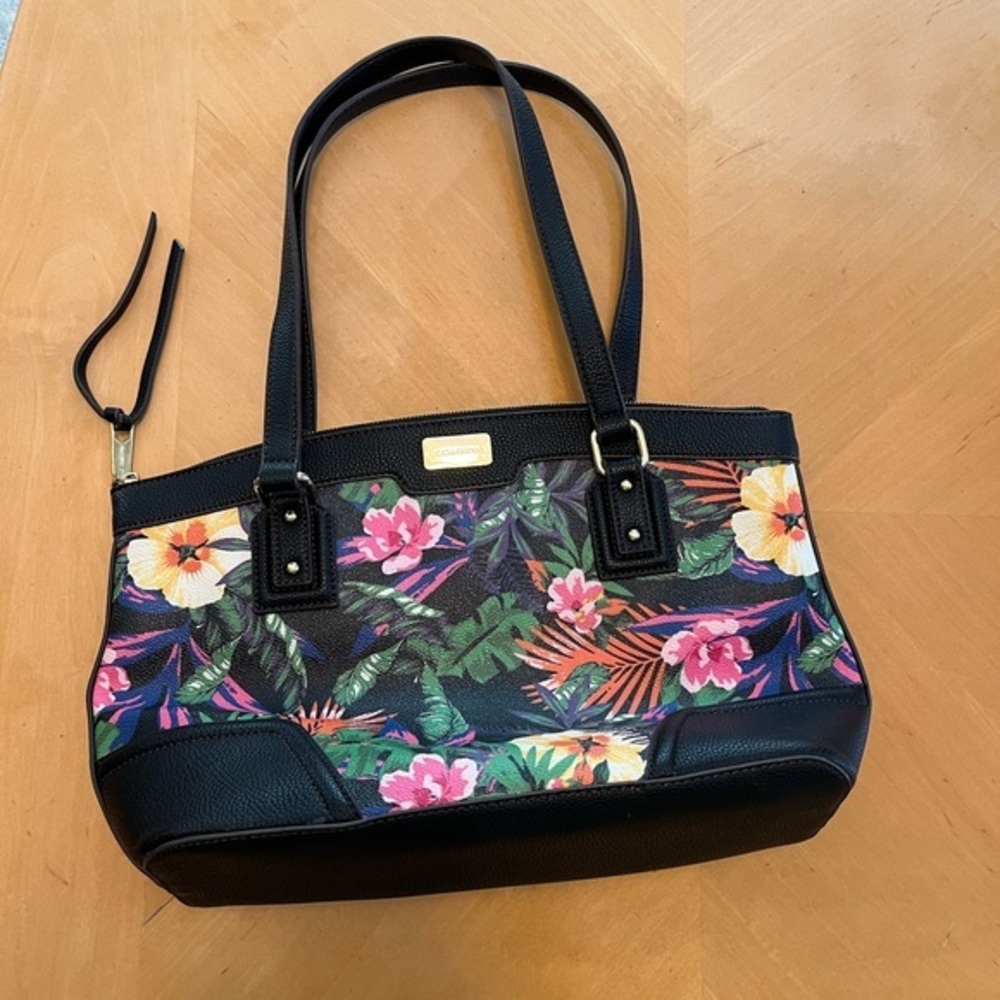 Liz Claiborne Black Floral Tote with Pink and Yellow Accents